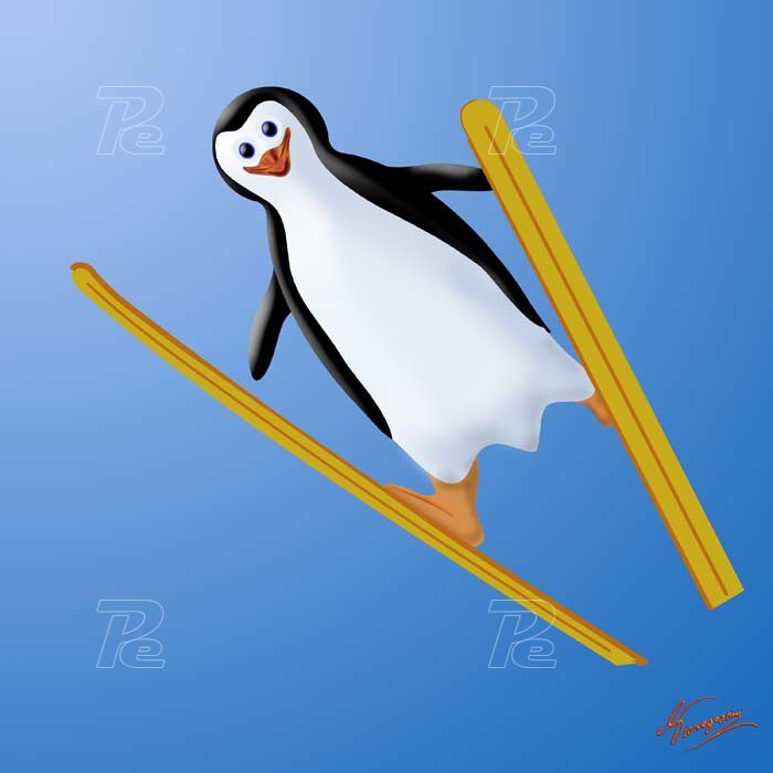 Pinguino a una gara di salto col gli sci