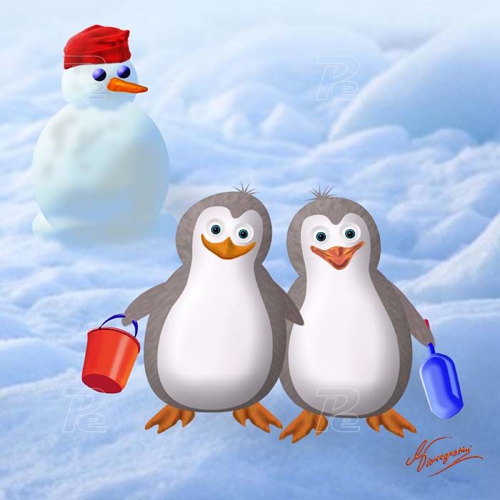 Piccoli pinguini fanno un pupazzo di neve
